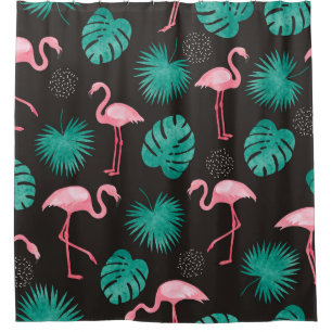 Flamingo, palm leaves: tropical watercolor. douchegordijn