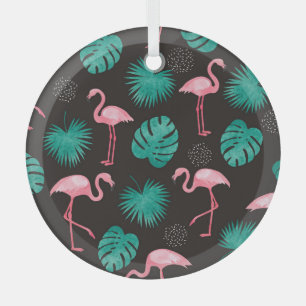 Flamingo, palm leaves: tropical watercolor. glas ornament