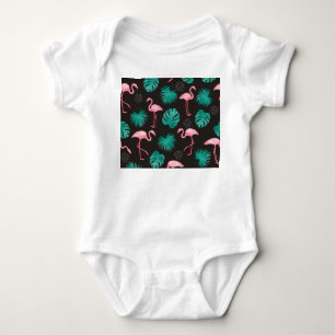 Flamingo, palm leaves: tropical watercolor. romper