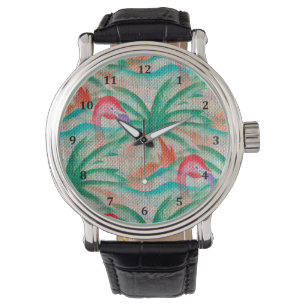 Flamingo Palm Tree Burlap Kijk Horloge