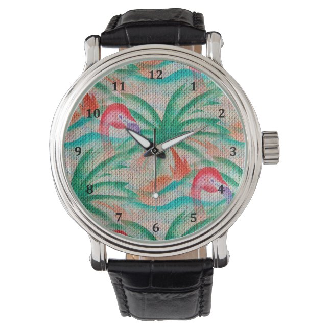 Flamingo Palm Tree Burlap Kijk Horloge (Voorkant)