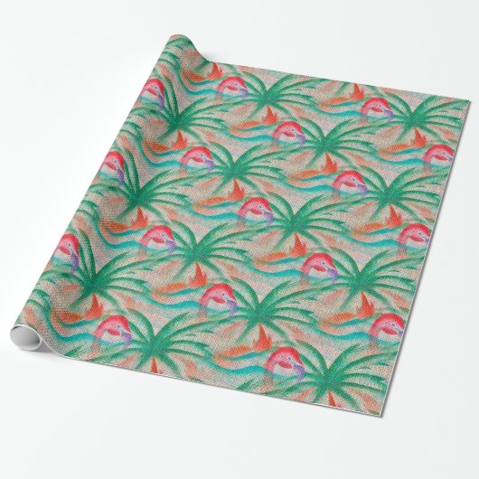 Flamingo Palm Tree Burlap Kijk uit Cadeaupapier (Uitgerold)