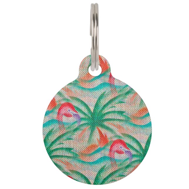Flamingo Palm Tree Burlap Kijk uit Huisdierpenning (Voorkant)