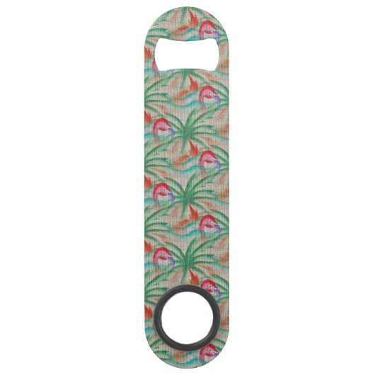 Flamingo Palm Tree Burlap Kijk uit Speed Flessenopener (Voorkant)