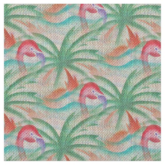 Flamingo Palm Tree Burlap Kijk uit Stof (Close Up)