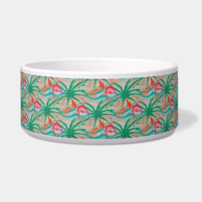 Flamingo Palm Tree Burlap Kijk uit Voerbakje (Voorkant)