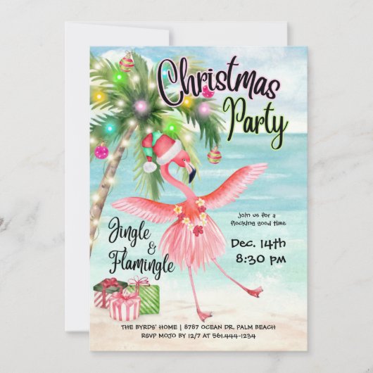 Flamingo Palm Tree Tropical Beach Kerstfeest Kaart (Voorkant)