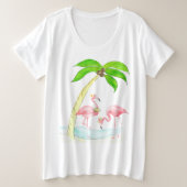 Flamingo Palm Tree Womens Plus Size Summer t-shirt (Design voorkant)