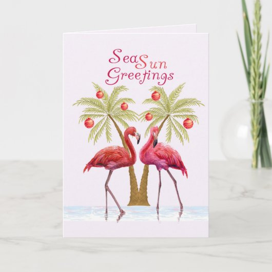 Flamingo Palm Trees Waterverf Kerstmis Feestdagen Kaart (Voorkant)