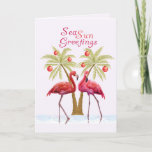 Flamingo Palm Trees Waterverf Kerstmis Feestdagen Kaart<br><div class="desc">Twee Elegant Flamingos die in ondiep water staan voor de palmbomen die zijn versierd met kerstversieringen. Het zegt "de Groeten van de Zon van de Zee"in leuk dramatisch manuscript in gradiëntkleuren om uit als speciaal te staan. De overeenkomende envelop en het etiket van het terugkeeradres beschikbaar als u de volledige...</div>