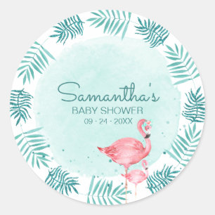 Flamingo & Palmbladeren Teal Waterverf Baby Shower Ronde Sticker
