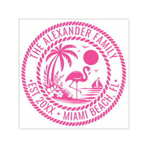 Flamingo Palmboom Boot Familie Naam Datum Loc Zelfinktende Stempel