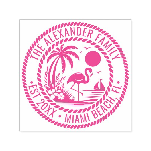 Flamingo Palmboom Boot Familie Naam Datum Oprichti Zelfinktende Stempel (Design)