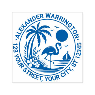 Flamingo Palmboom Zeilboot Naam Retouradres Zelfinktende Stempel