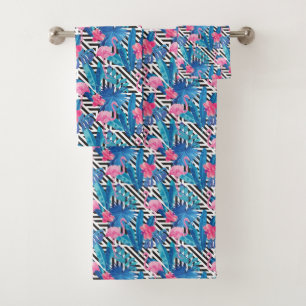 Flamingo & Palms op Geometrisch Patroon Bad Handdoek