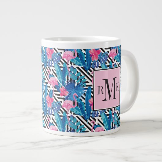 Flamingo & Palms op Geometrisch Patroon Grote Koffiekop (Voorkant rechts)