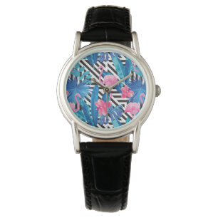 Flamingo & Palms op Geometrisch Patroon Horloge