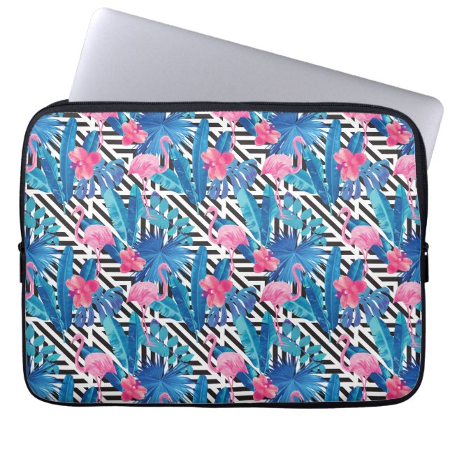Flamingo & Palms op Geometrisch Patroon Laptop Sleeve (Voorkant)