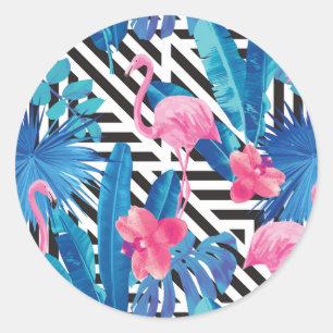 Flamingo & Palms op Geometrisch Patroon Ronde Sticker