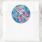 Flamingo & Palms op Geometrisch Patroon Ronde Sticker (Tas)