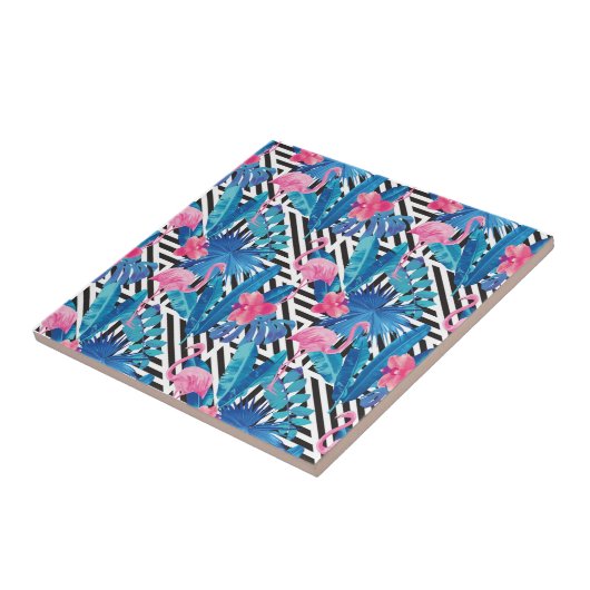 Flamingo & Palms op Geometrisch Patroon Tegeltje (Zijkant)