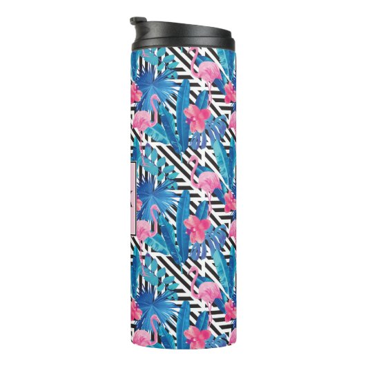 Flamingo & Palms op Geometrisch Patroon Thermosbeker (Geroteerd rechts)