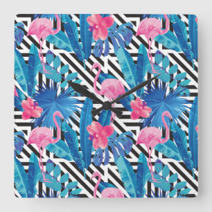 Flamingo & Palms op Geometrisch Patroon Vierkante Klok