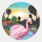 Flamingo Paradise Ronde Sticker (Voorkant)