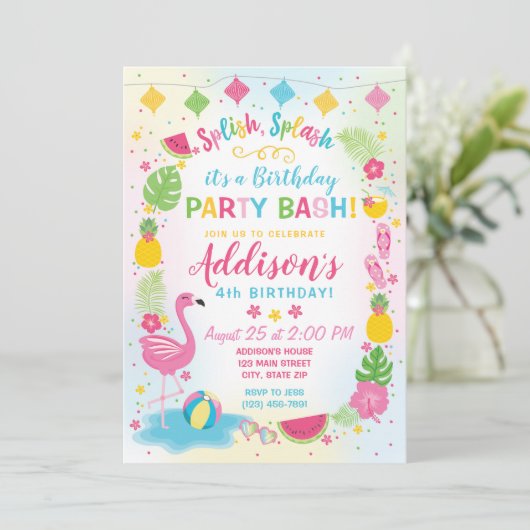 Flamingo Party Birthday Invitation Kaart (Staand voorkant)