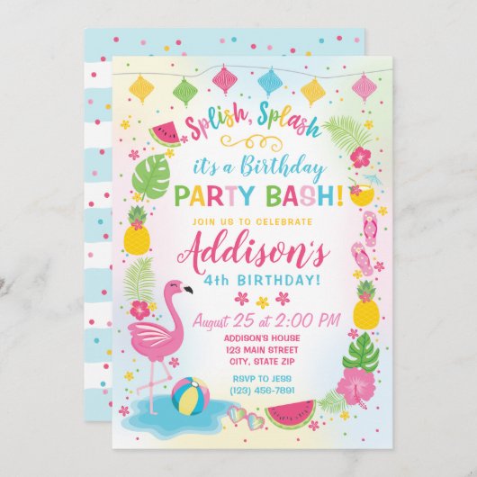 Flamingo Party Birthday Invitation Kaart (Voorkant / Achterkant)