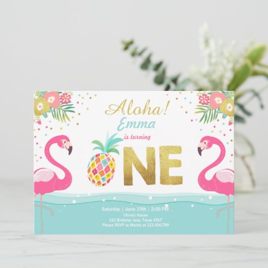 Flamingo party call Tropical Pineappel Luau Kaart (Staand voorkant)