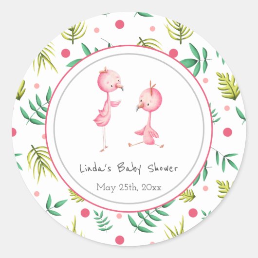 Flamingo Party Personalized Twins Baby shower Ronde Sticker (Voorkant)