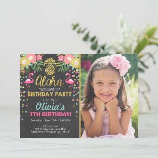 Flamingo party-uitnodiging Tropical Birthday luau Kaart (Staand voorkant)