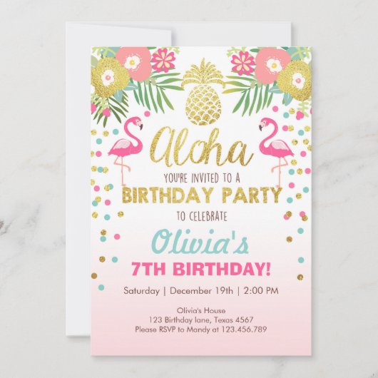 Flamingo party-uitnodiging Tropical Birthday luau Kaart (Voorkant)