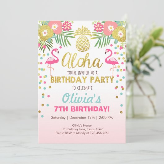 Flamingo party-uitnodiging Tropical Birthday luau Kaart (Staand voorkant)