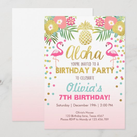Flamingo party-uitnodiging Tropical Birthday luau Kaart (Voorkant / Achterkant)