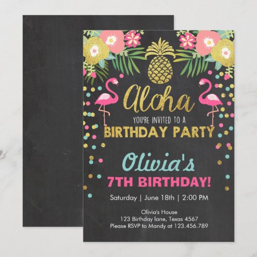 Flamingo party-uitnodiging Tropical Birthday luau Kaart (Voorkant / Achterkant)