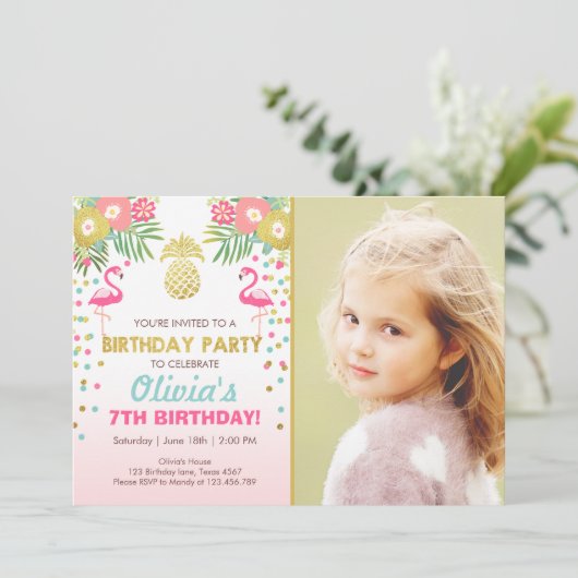 Flamingo party-uitnodiging Tropical Birthday luau Kaart (Staand voorkant)