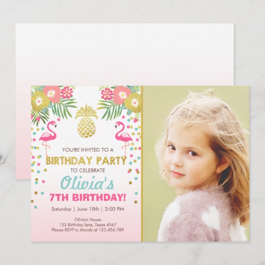 Flamingo party-uitnodiging Tropical Birthday luau Kaart (Voorkant / Achterkant)