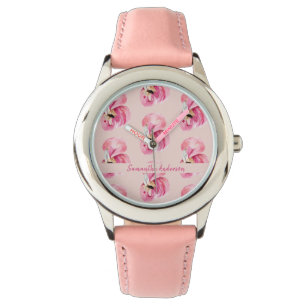 Flamingo patroon en naam exotische roze Waterverf Horloge