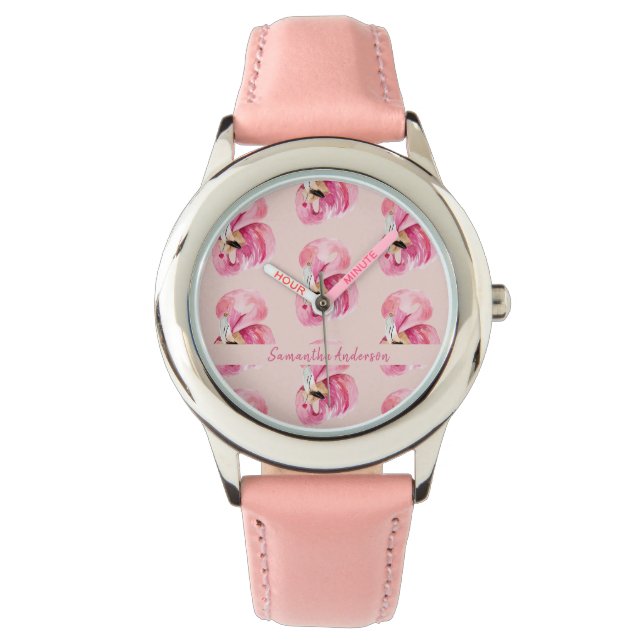 Flamingo patroon en naam exotische roze Waterverf Horloge (Voorkant)