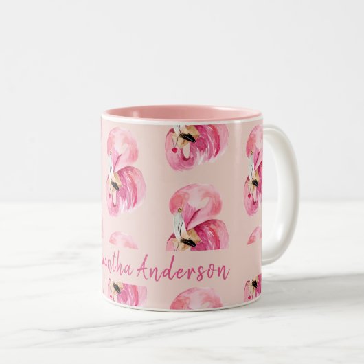 Flamingo patroon en naam exotische roze Waterverf Tweekleurige Koffiemok (Voorkant rechts)