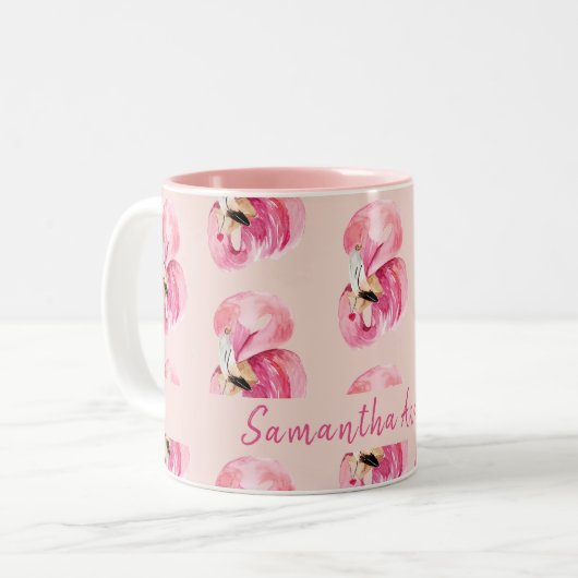 Flamingo patroon en naam exotische roze Waterverf Tweekleurige Koffiemok (Voorkant links)