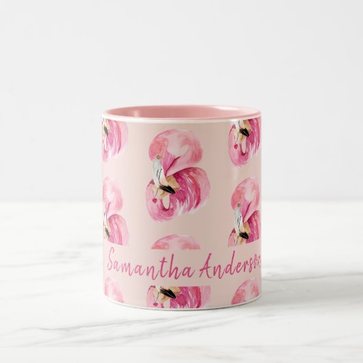 Flamingo patroon en naam exotische roze Waterverf Tweekleurige Koffiemok (Center)