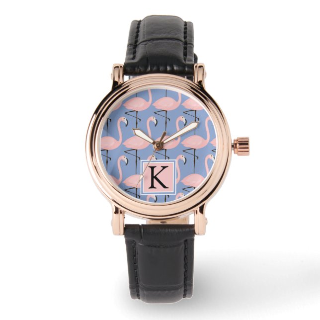 Flamingo patroon van aanbesteding | Monogram Horloge (Voorkant)