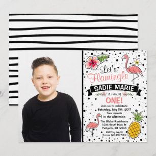 Flamingo Pinapple Doodle Birthday Photo Invitation Kaart