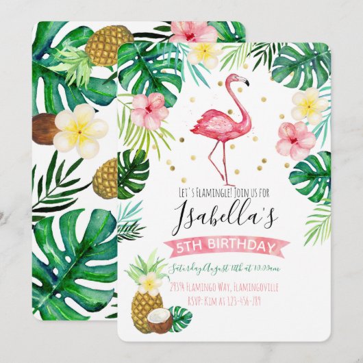 Flamingo Pineapple Birthday Party Invitation Kaart (Voorkant / Achterkant)