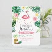 Flamingo Pineapple Birthday Party Invitation Kaart (Staand voorkant)