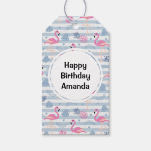 Flamingo & Pineapple Pattern Birthday Cadeaulabel