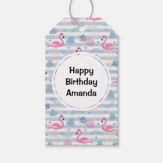 Flamingo & Pineapple Pattern Birthday Cadeaulabel (Voorkant)
